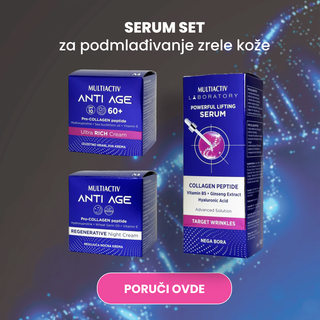 Anti Age serum set za podmlađivanje zrele kože, Anti Age Izuzetno hranljiva krema 50 ml, Anti Age Negujuća noćna krema 50 ml, Anti Age serum za negu bora 20 ml