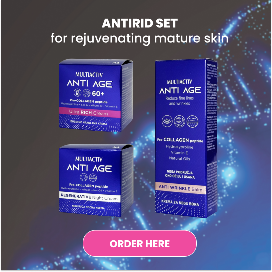 Anti Age Antirid Set for rejuvenating mature skin contains an Ultra Rich Cream 50 ml, Regenerative Night Cream 50 ml, and an Anti Wrinkle Balm 15 ml
