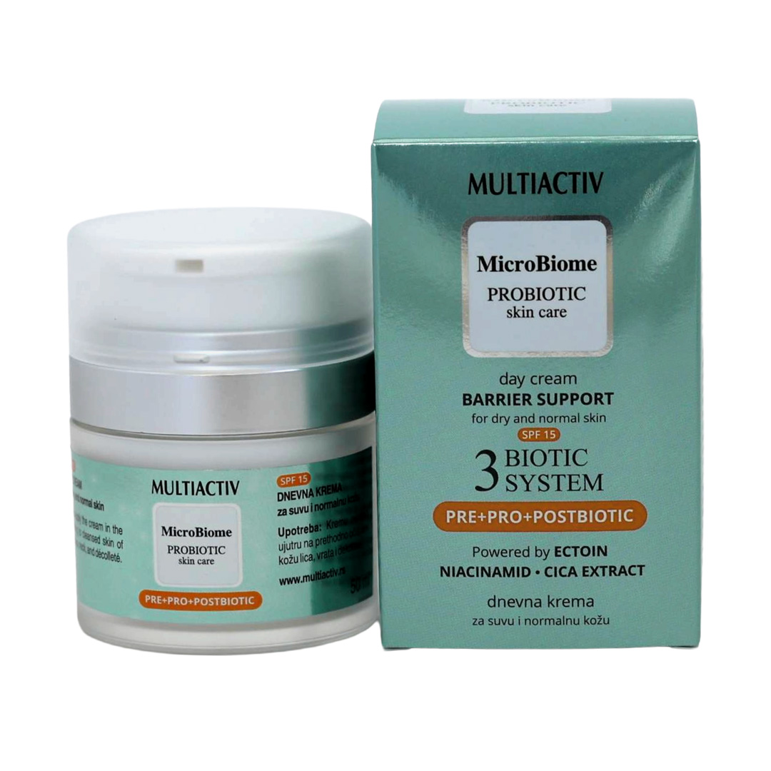 MicroBiome PROBIOTIC Skin Care dnevna krema SPF 15 Krema za suvu i osetljivu kožu lica Dnevna krema sa 3 BIOTIC SYSTEM kompleksom Hidratantna krema sa UV zaštitom za lice Krema za jačanje zaštitne barijere kože MicroBiome dnevna krema za svakodnevnu negu kože