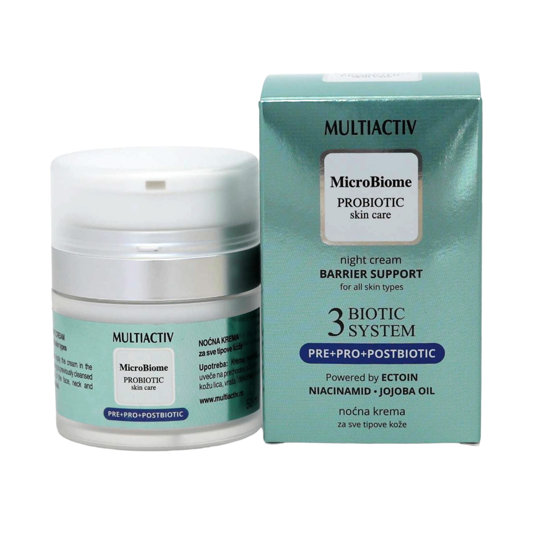 MicroBiome PROBIOTIC Skin Care noćna krema za lice u noćnoj nezi Obnavljajuća noćna krema sa 3 BIOTIC SYSTEM kompleksom Noćna krema za hidrataciju i regeneraciju kože lica MicroBiome PROBIOTIC Skin Care krema sa prebioticima, probioticima i postbioticima Noćna krema za jačanje zaštitne barijere kože Bogata noćna krema za lice sa ektoinom i jojoba uljem Krema za večernju negu kože lica, vrata i dekoltea